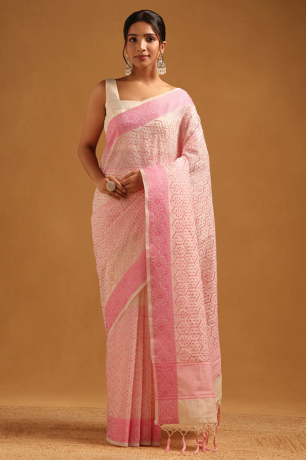 Cream Kota Geometric Machine Embroidered Saree